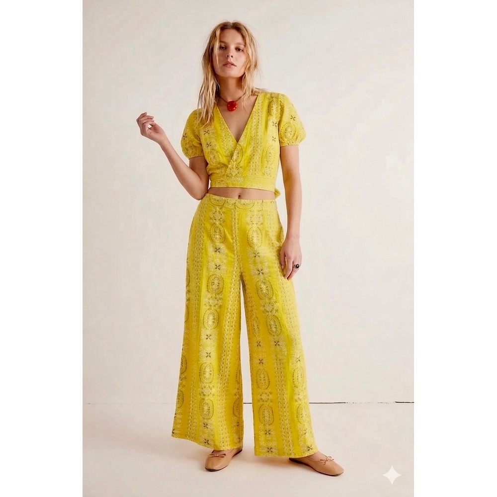 👉 Boho Yellow 2 Piece Set Wrap Top Wide Leg Pants Festival S